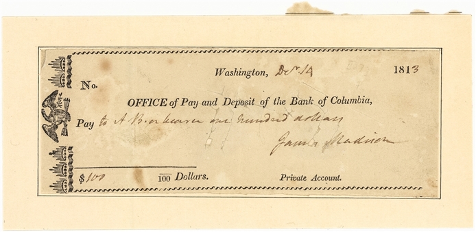 1813 James Madison Signed Bank of Columbia Check (Beckett)